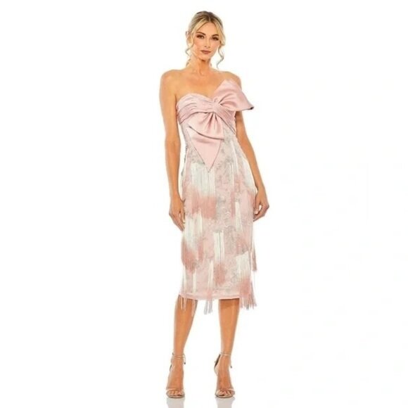 Mac Duggal Bow Front Ombré Fringe Midi Dress Size 2 NWT 20593 - Picture 1 of 9